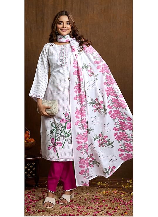 Noor Jahan White Pink Unstitched Salwar Suit Material