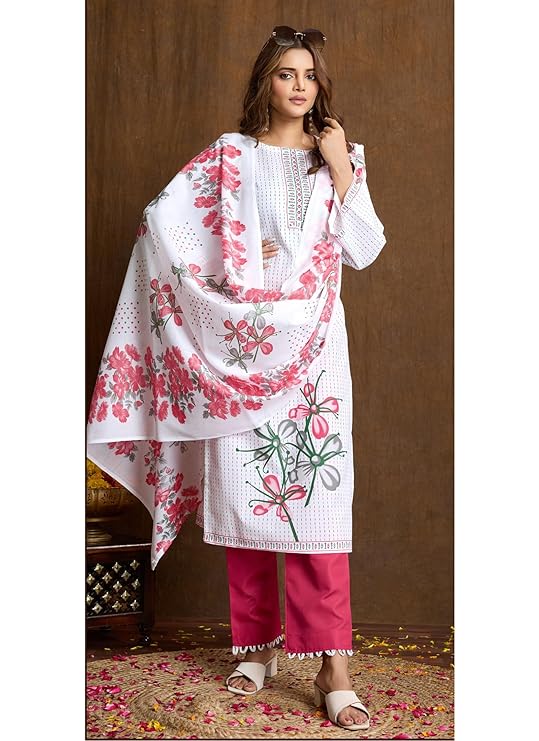 Noor Jahan White Peach Unstitched Salwar Suit Material