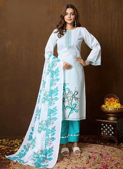 Noor Jahan White Blue Unstitched Salwar Suit Material