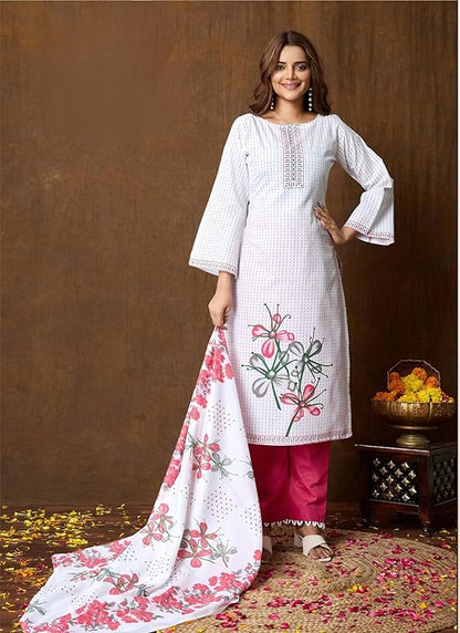 Noor Jahan White Peach Unstitched Salwar Suit Material