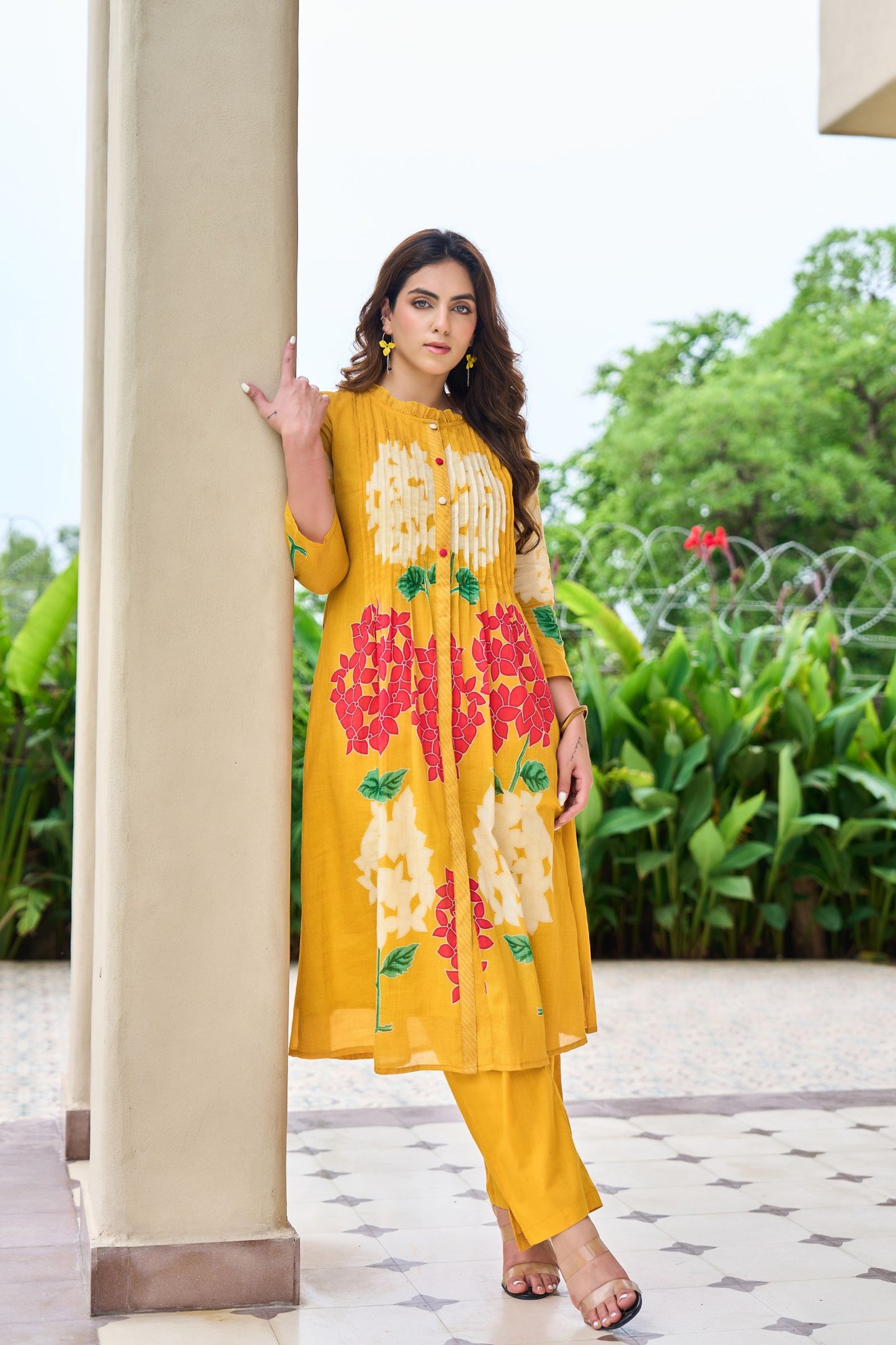 Mustard Yellow Floral Embroidered Kurta Set with Straight Pants | Festive & Casual Wear