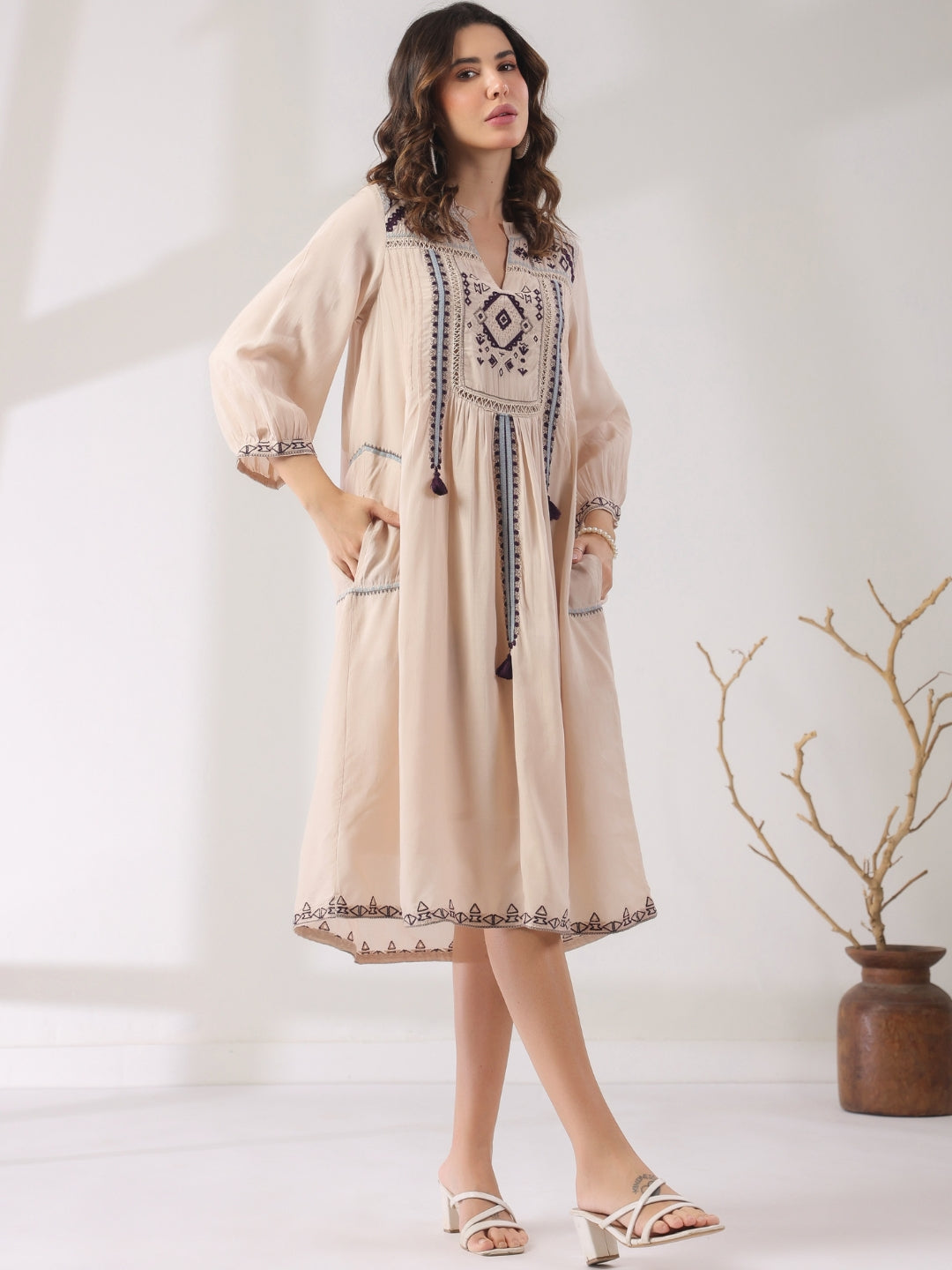 🤍 Elegant White Hand-Embroidered Midi Dress