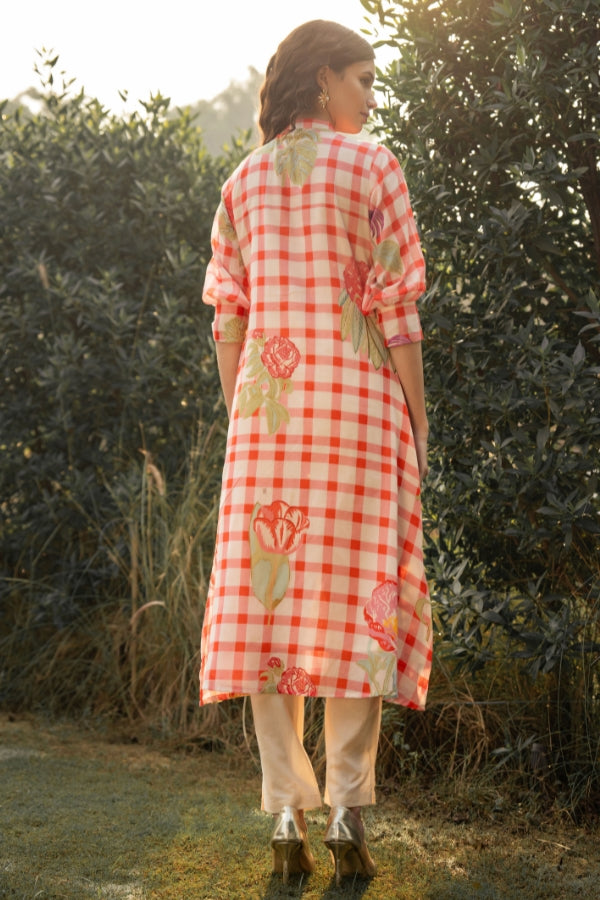 Red Checkered Floral Print A-Line Kurti with Beige Pants Set