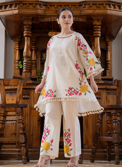 White Handcrafted Floral Embroidered Co-Ord Set |  Ivory Blossom🌸
