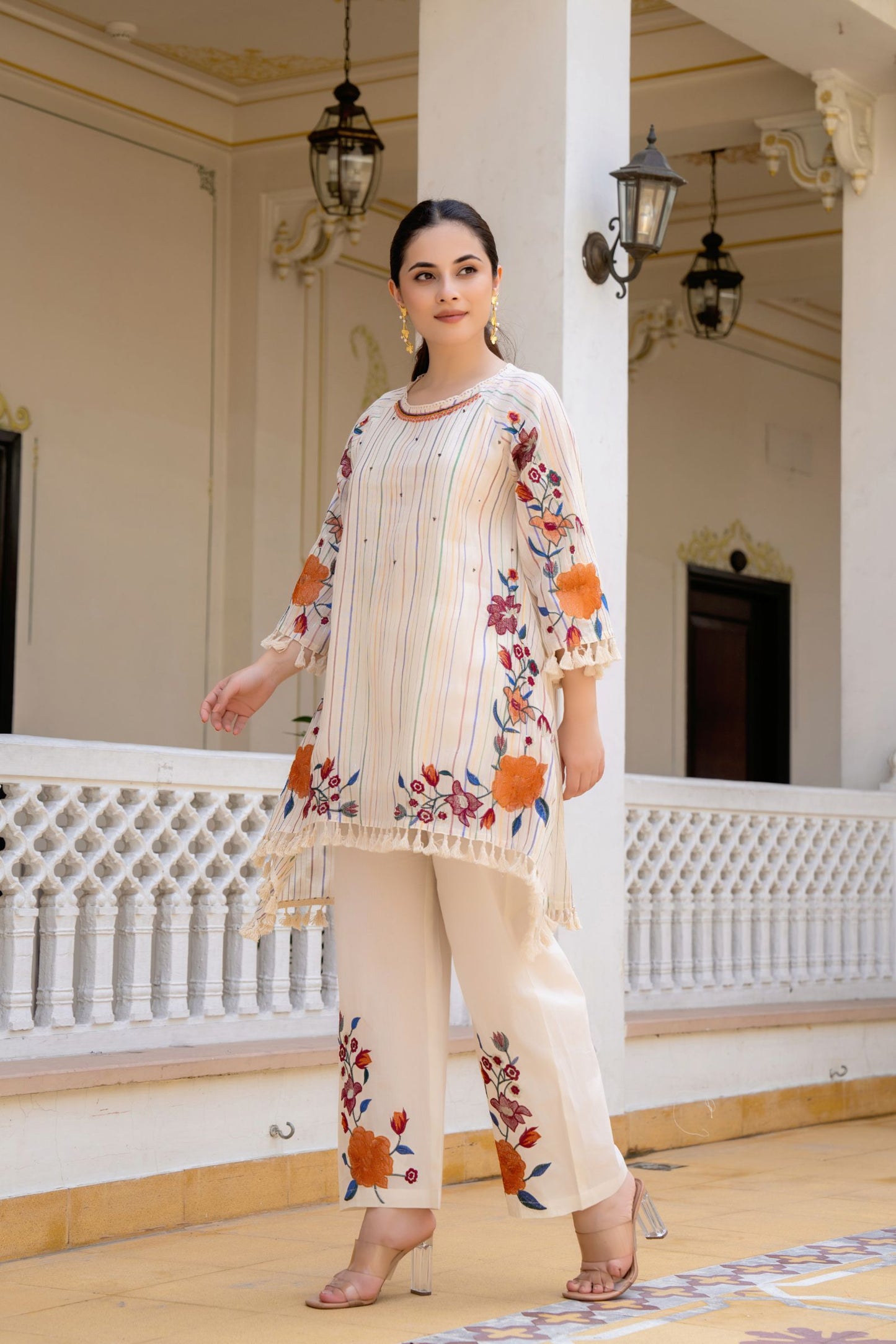 🧵 Elegant Ivory Floral Embroidered 2-Piece Set