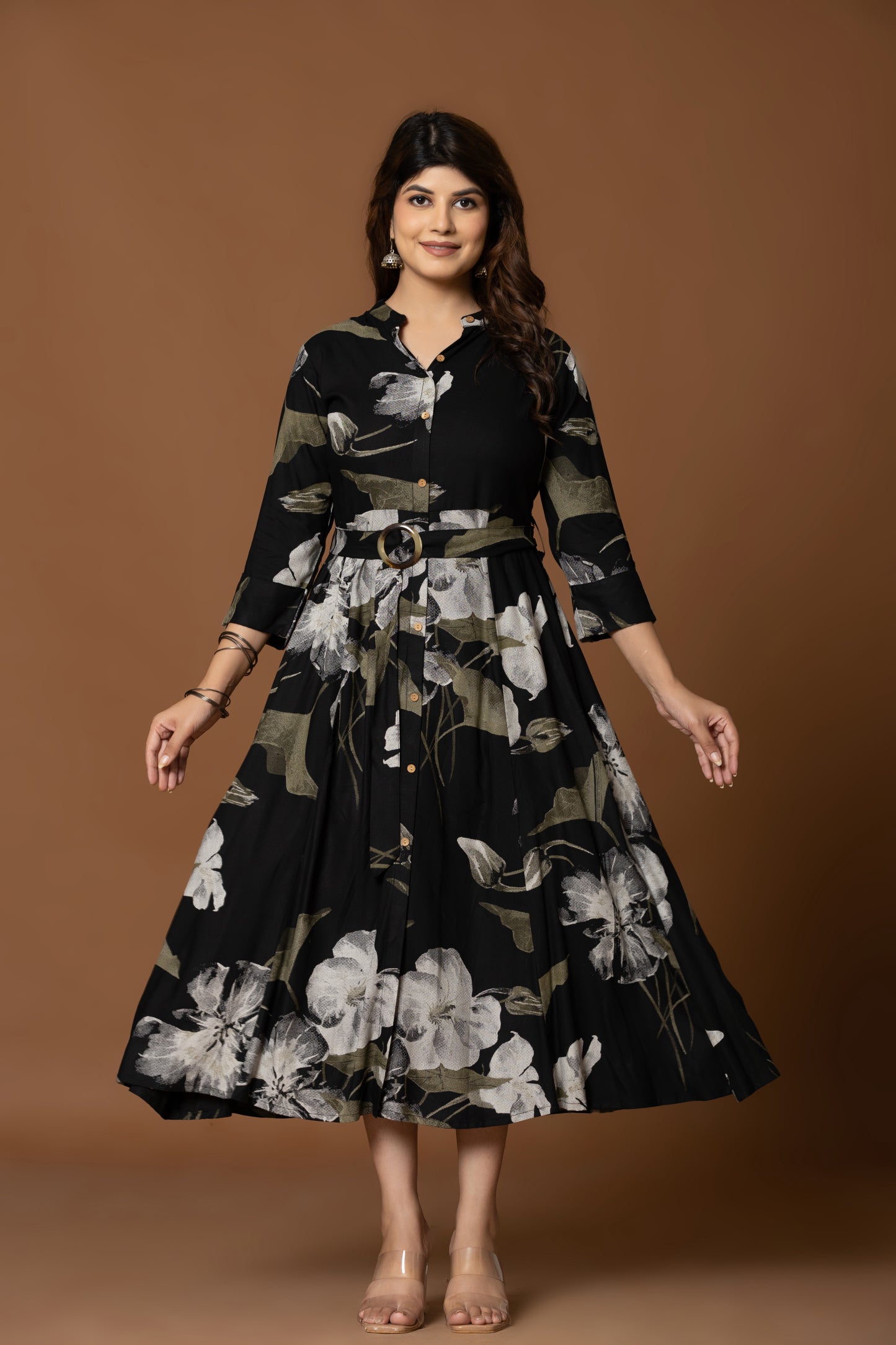 Midnight Bloom Belted Shirt Dress – Floral Elegance in Black