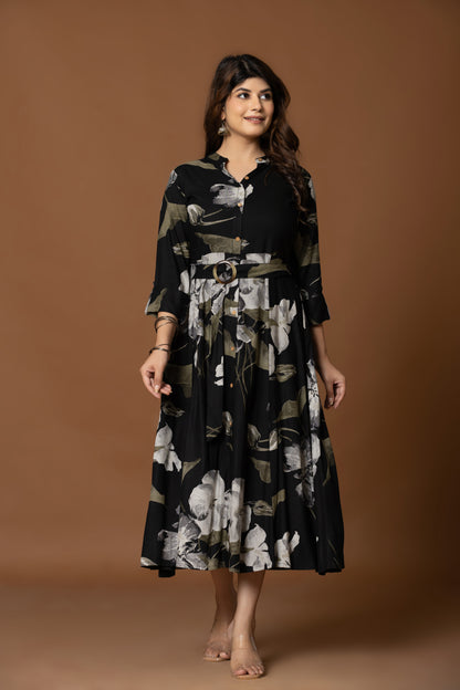 Midnight Bloom Belted Shirt Dress – Floral Elegance in Black