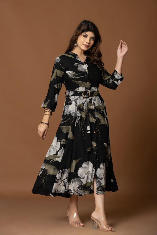 Midnight Bloom Belted Shirt Dress – Floral Elegance in Black