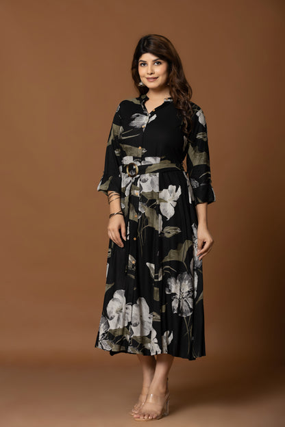 Midnight Bloom Belted Shirt Dress – Floral Elegance in Black
