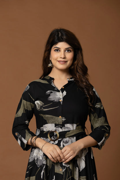 Midnight Bloom Belted Shirt Dress – Floral Elegance in Black