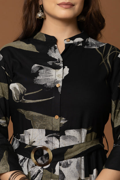 Midnight Bloom Belted Shirt Dress – Floral Elegance in Black