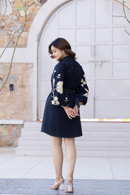 Embroidered Denim Shirt Dress | Midnight Bloom 🌙 | Floral embroidery on balloon sleeves