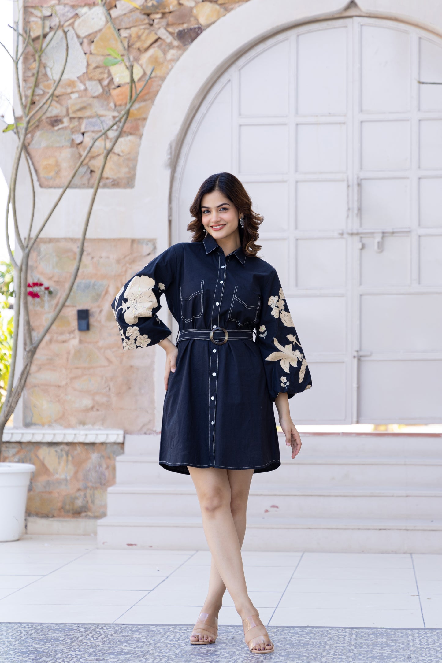 Embroidered Denim Shirt Dress | Midnight Bloom 🌙 | Floral embroidery on balloon sleeves