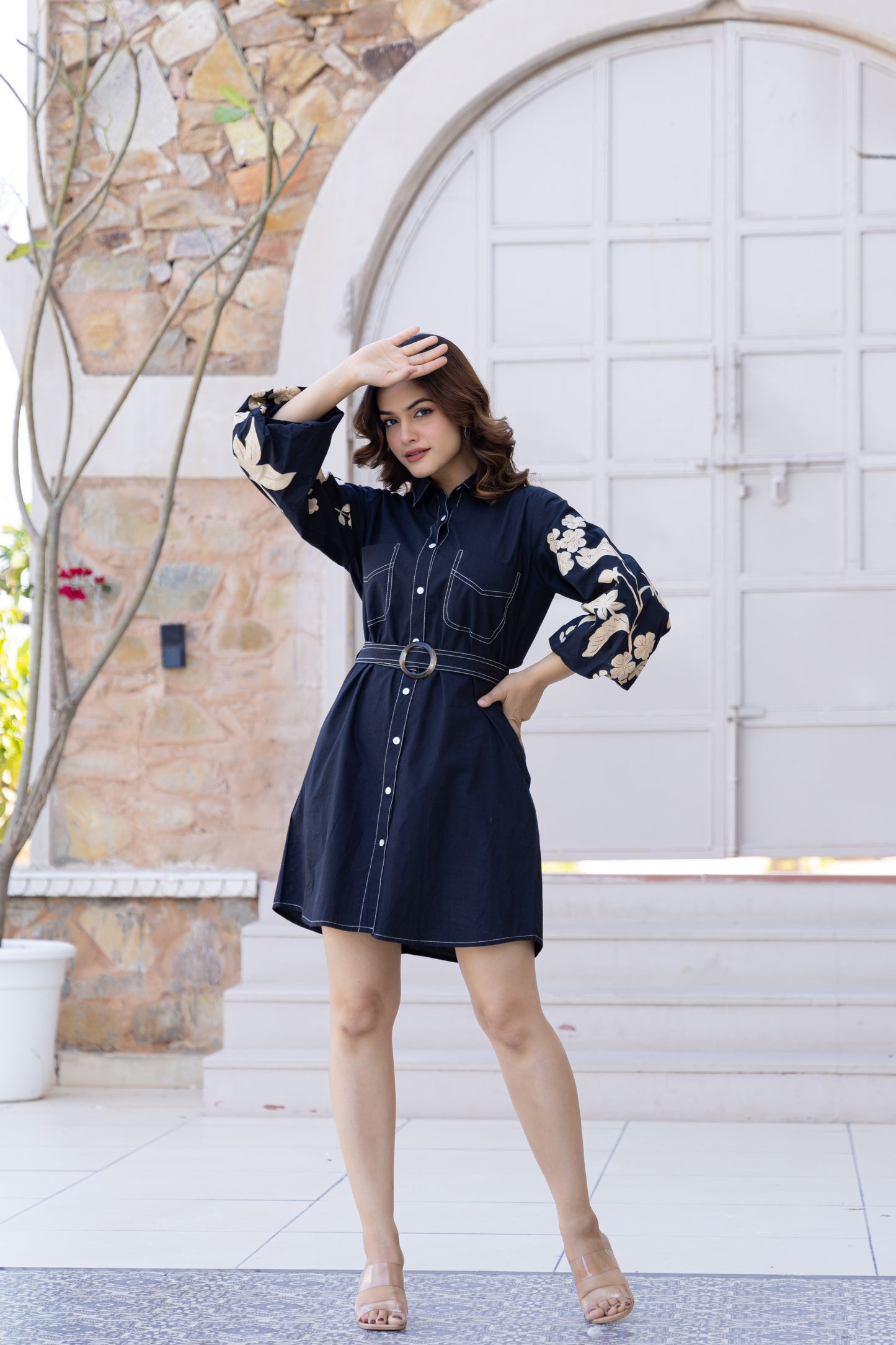 Embroidered Denim Shirt Dress | Midnight Bloom 🌙 | Floral embroidery on balloon sleeves