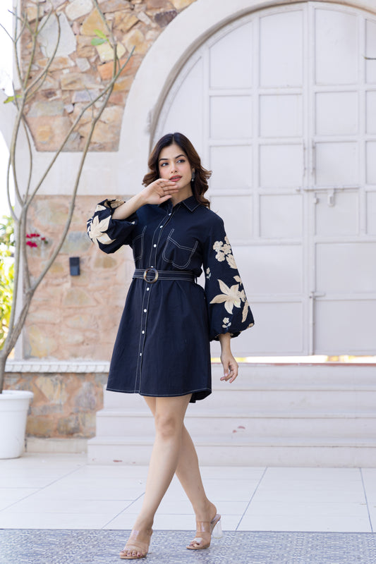 Embroidered Denim Shirt Dress | Midnight Bloom 🌙 | Floral embroidery on balloon sleeves