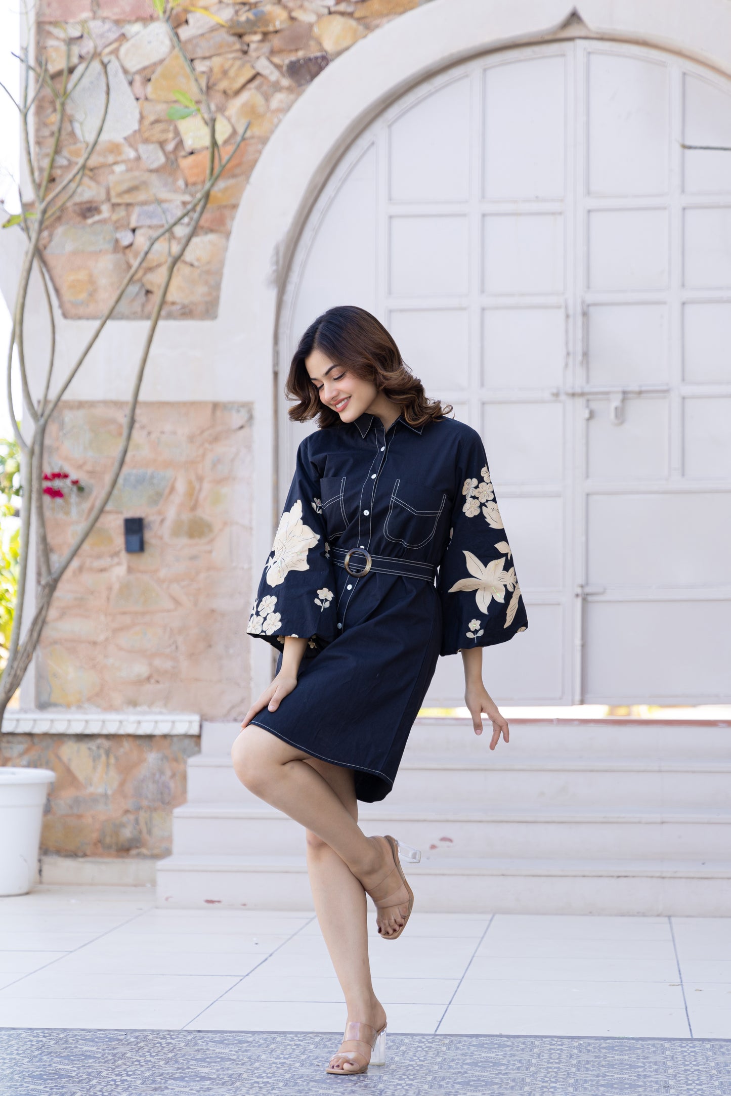 Embroidered Denim Shirt Dress | Midnight Bloom 🌙 | Floral embroidery on balloon sleeves