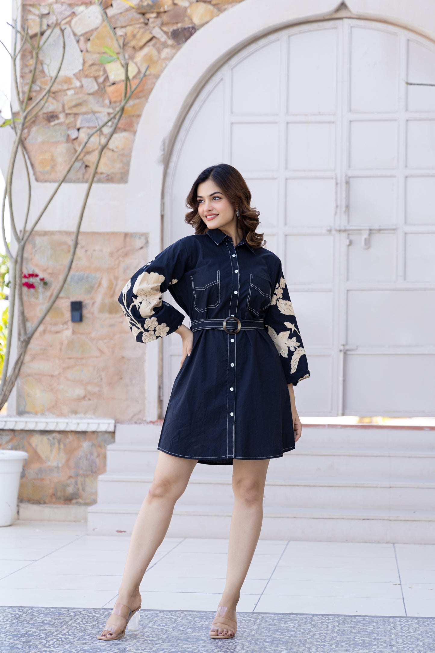 Embroidered Denim Shirt Dress | Midnight Bloom 🌙 | Floral embroidery on balloon sleeves