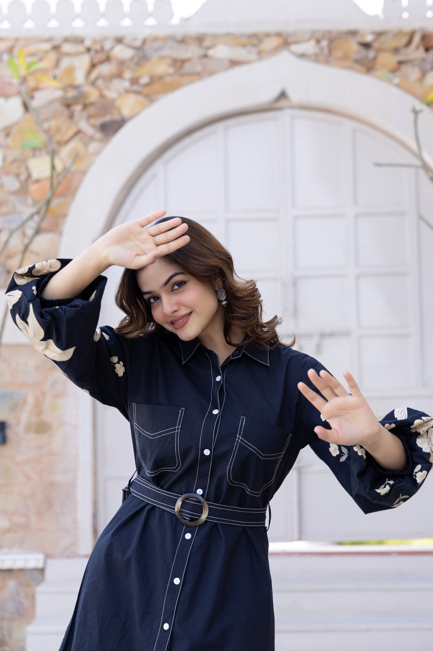 Embroidered Denim Shirt Dress | Midnight Bloom 🌙 | Floral embroidery on balloon sleeves