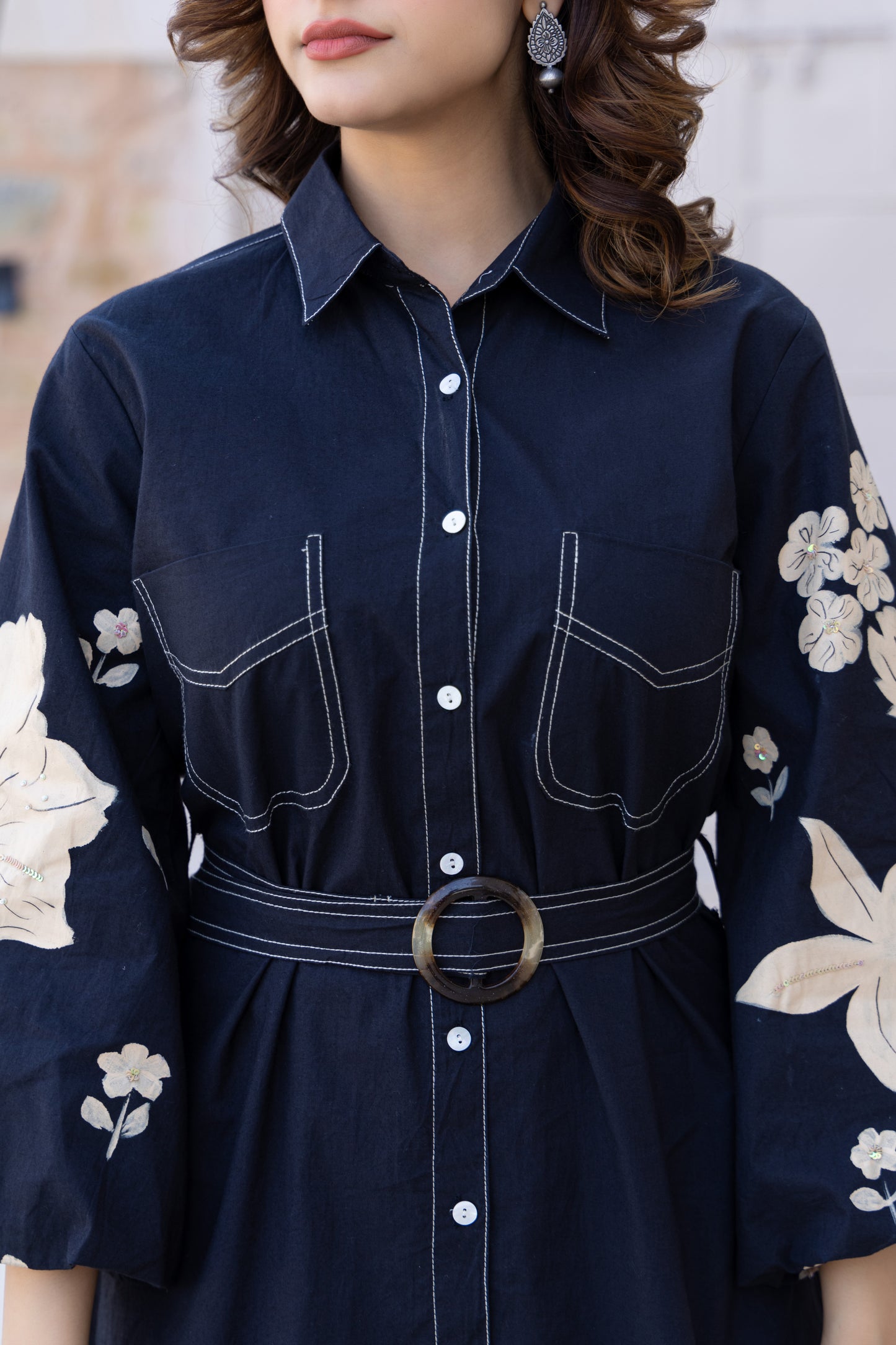 Embroidered Denim Shirt Dress | Midnight Bloom 🌙 | Floral embroidery on balloon sleeves