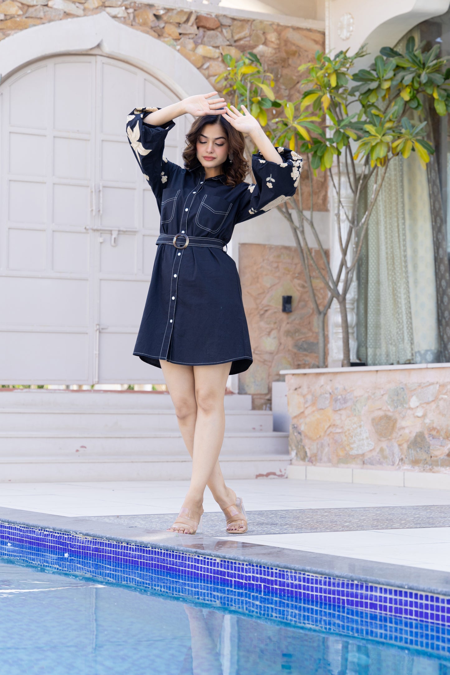 Embroidered Denim Shirt Dress | Midnight Bloom 🌙 | Floral embroidery on balloon sleeves