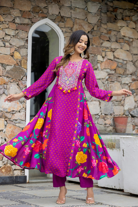 Flowy Floral Print And Hadwork Anarkali Set