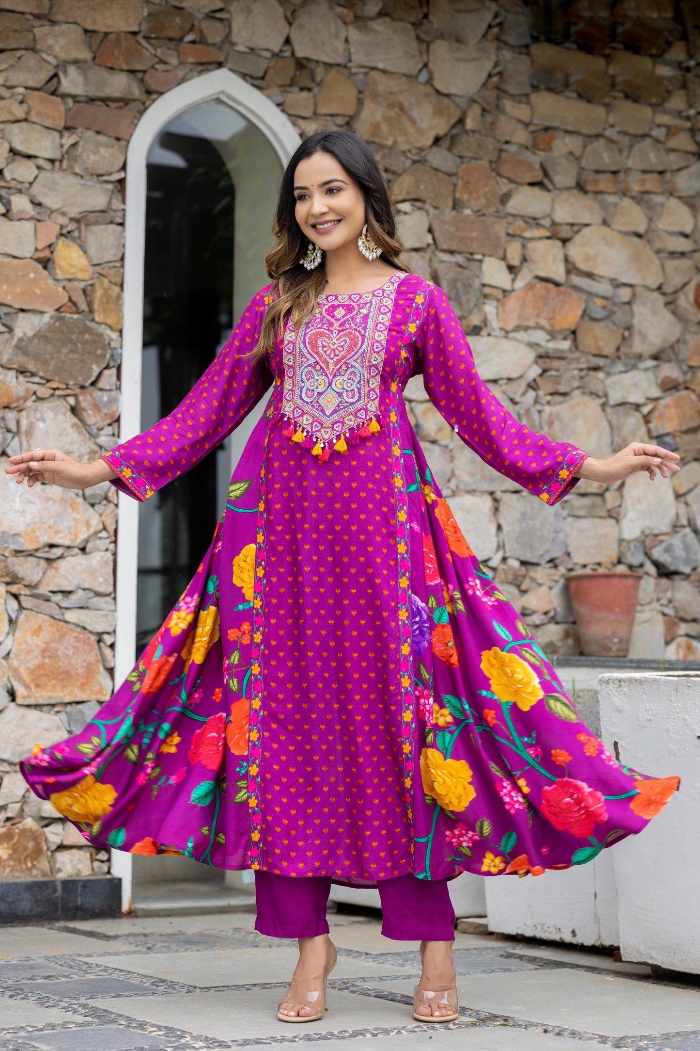 Flowy Floral Print And Hadwork Anarkali Set