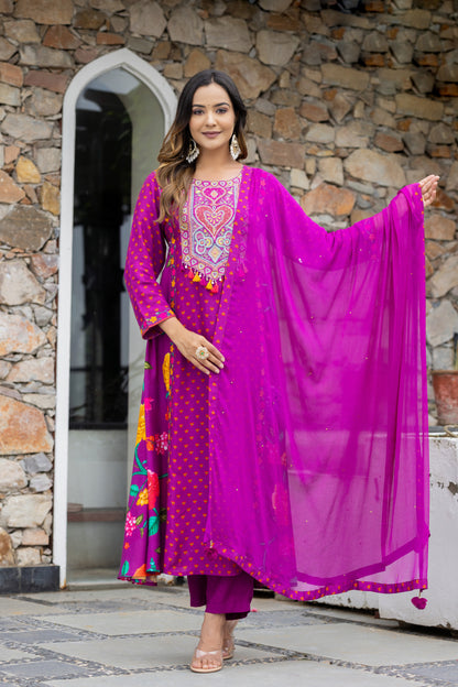 Flowy Floral Print And Hadwork Anarkali Set