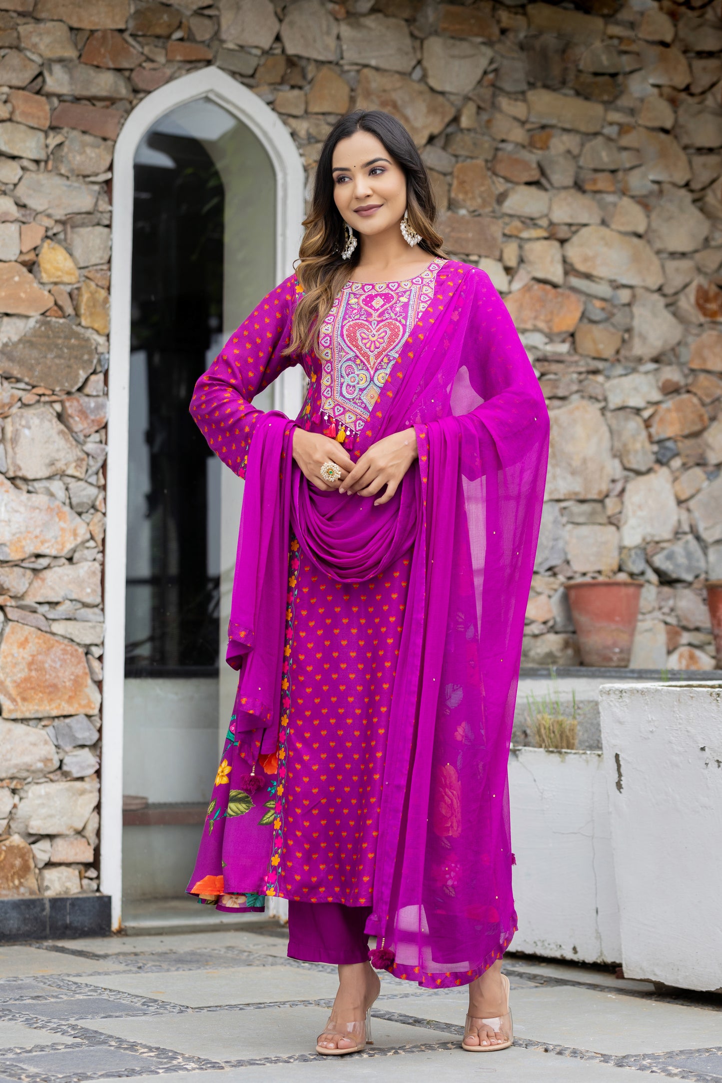 Flowy Floral Print And Hadwork Anarkali Set