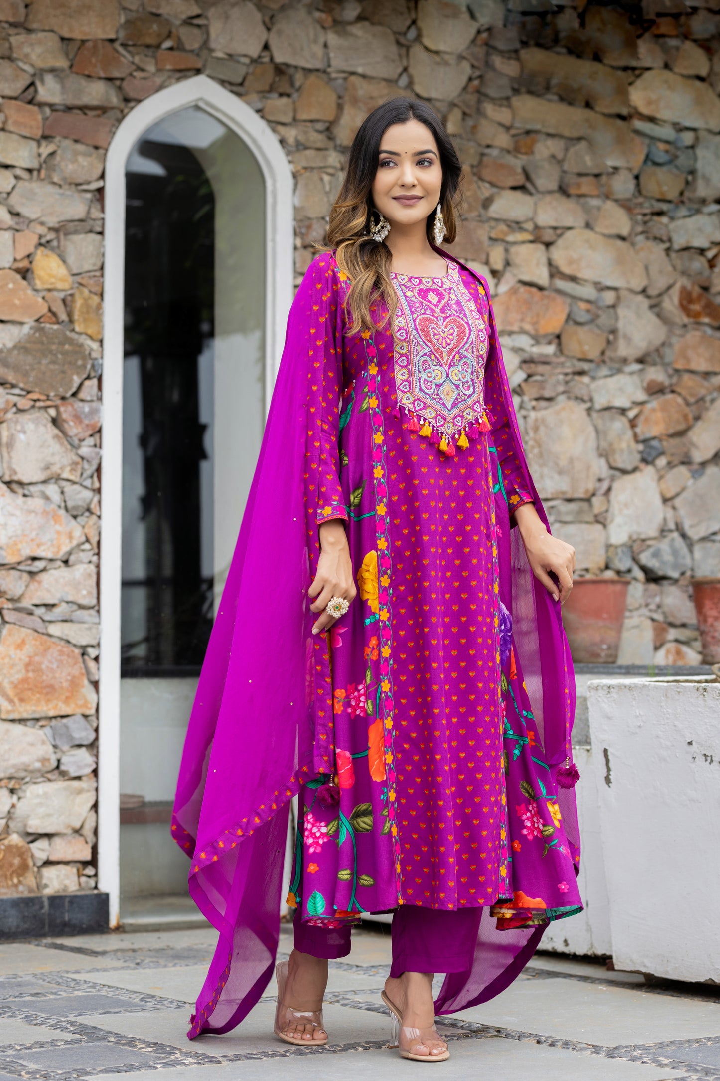 Flowy Floral Print And Hadwork Anarkali Set