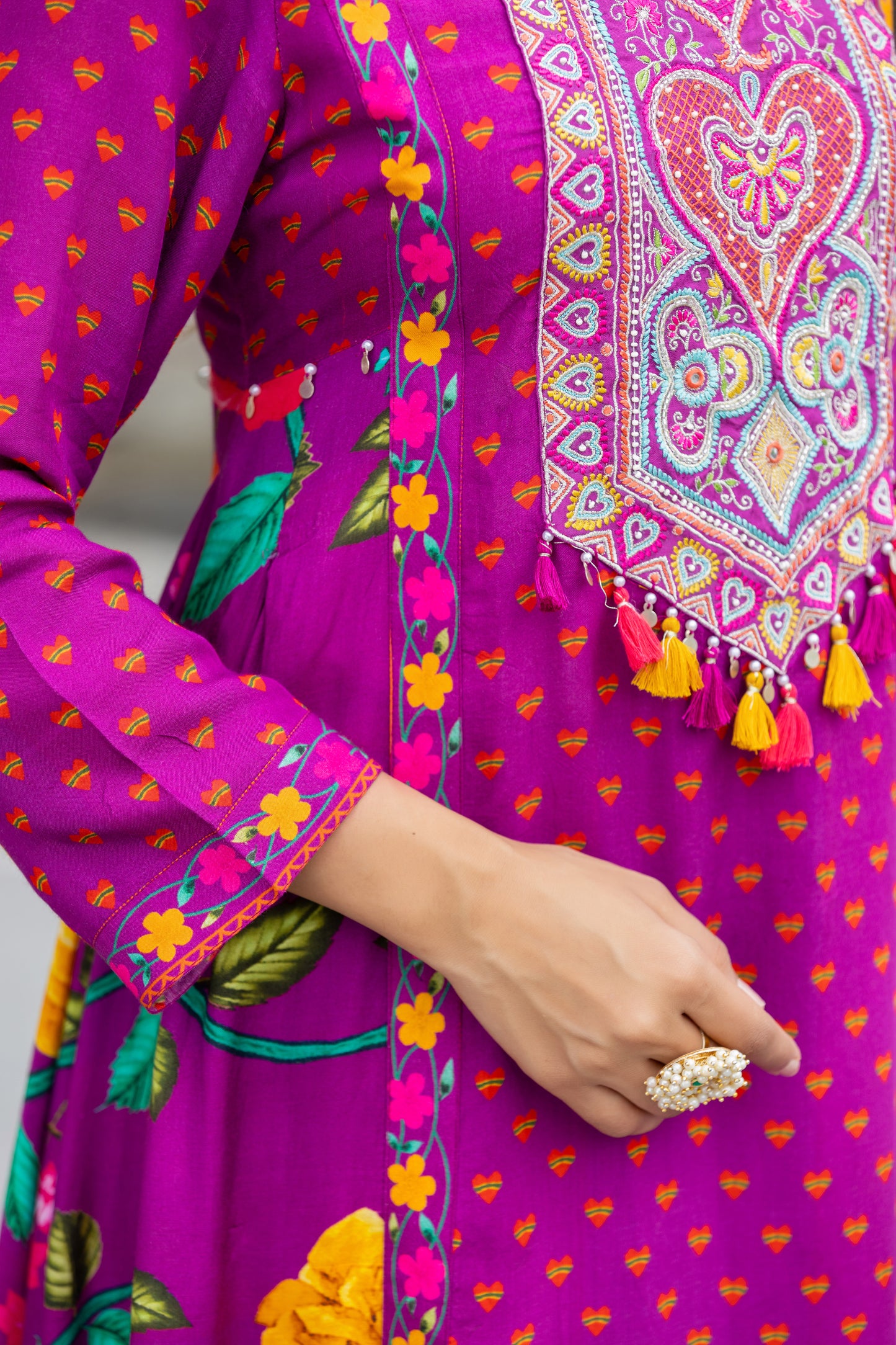 Flowy Floral Print And Hadwork Anarkali Set