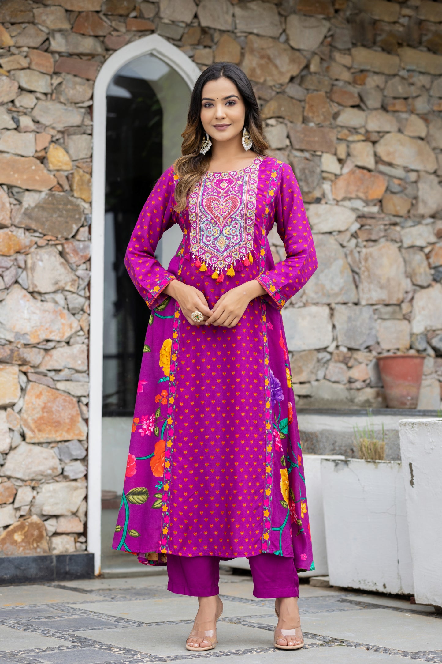 Flowy Floral Print And Hadwork Anarkali Set