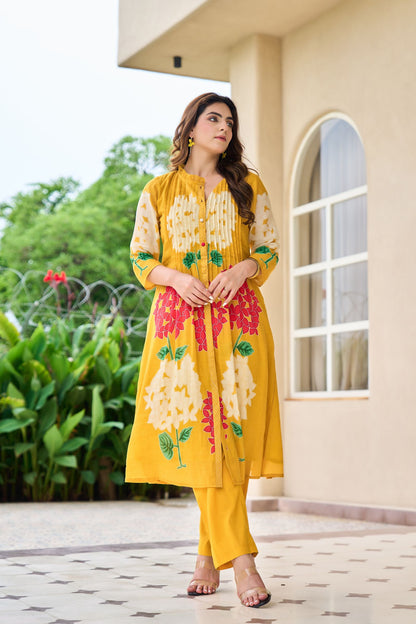Mustard Yellow Floral Embroidered Kurta Set with Straight Pants | Festive & Casual Wear