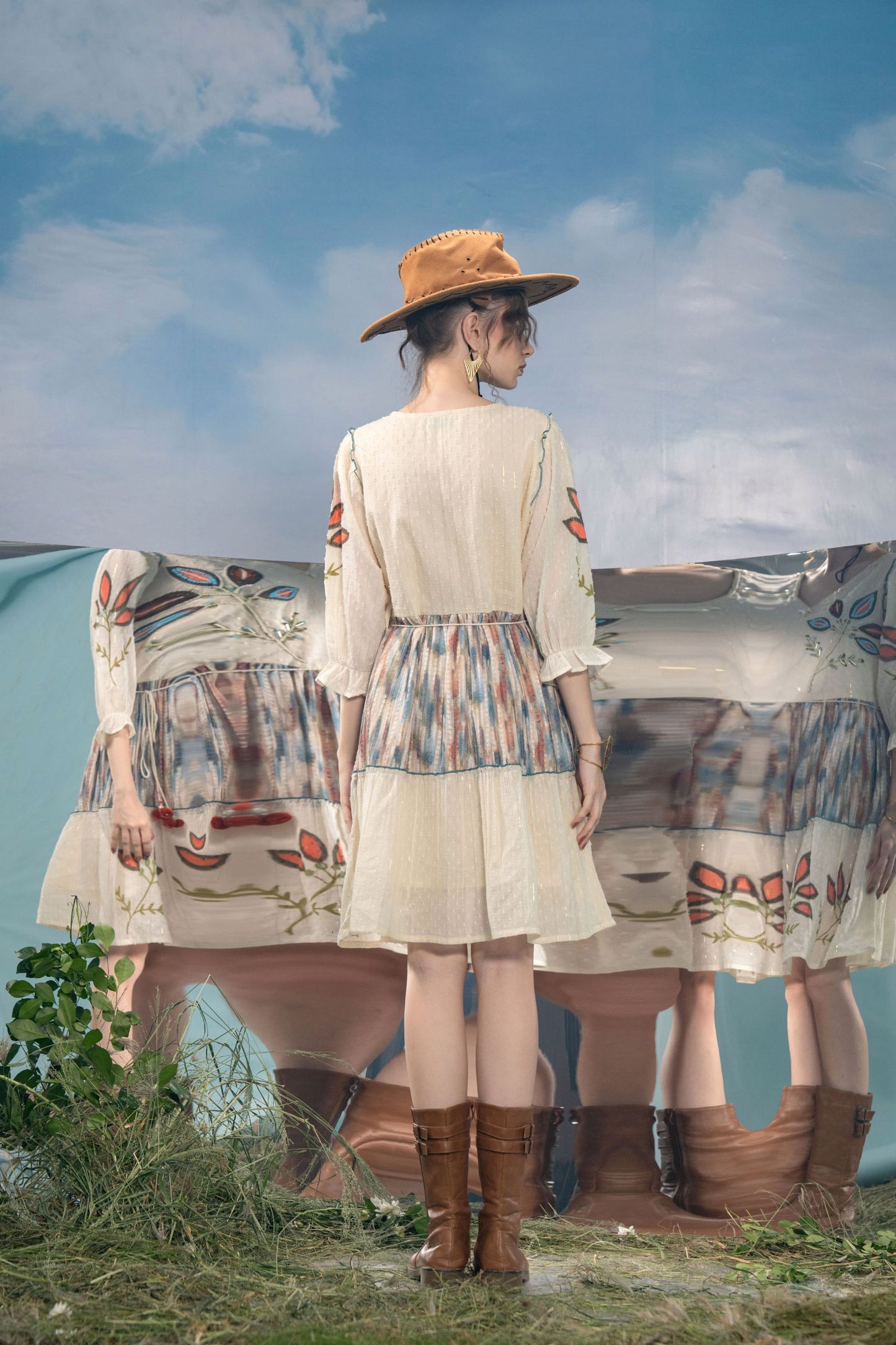 Women's Bohemian Cream Embroidered Flared Dress | V-Neck A-Line Tunic