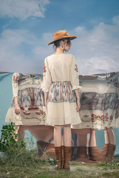 Women's Bohemian Cream Embroidered Flared Dress | V-Neck A-Line Tunic