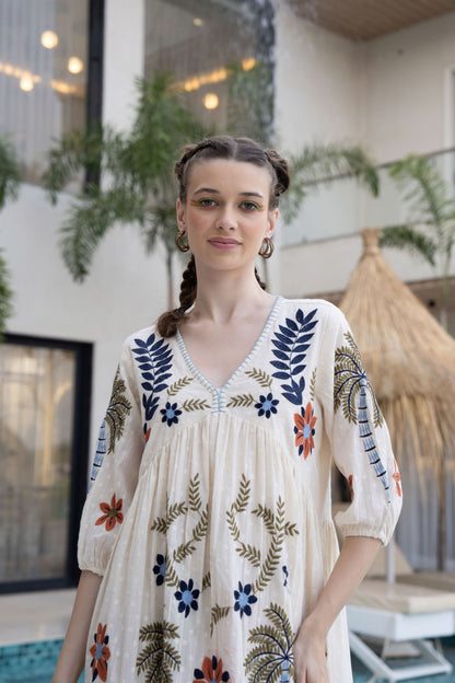 Women's White Boho Embroidered Short Dress | V-Neck Flared Tunic