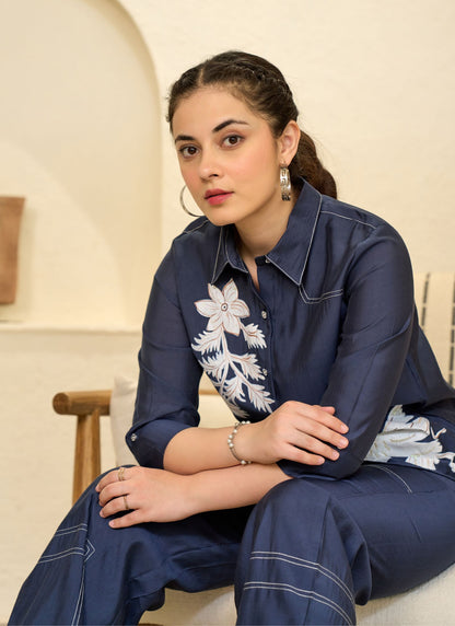 Elegant Floral Embroidered Blue Tunic with Matching Pants
