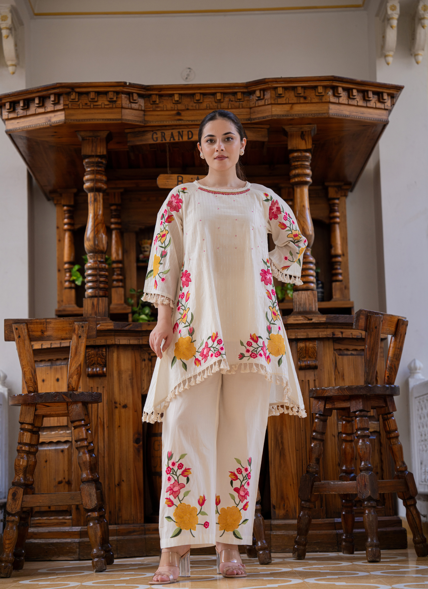 White Handcrafted Floral Embroidered Co-Ord Set |  Ivory Blossom🌸