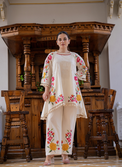 White Handcrafted Floral Embroidered Co-Ord Set |  Ivory Blossom🌸