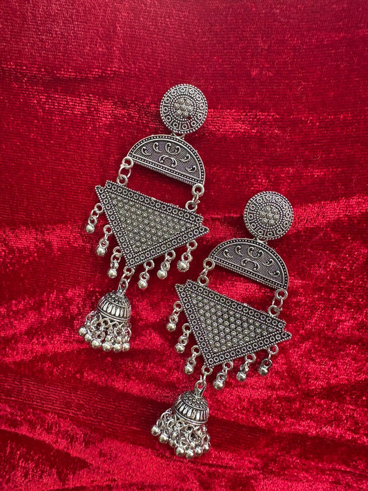 Abstract Ethnic Pearl Drop Oxidised Silver Jhumka 