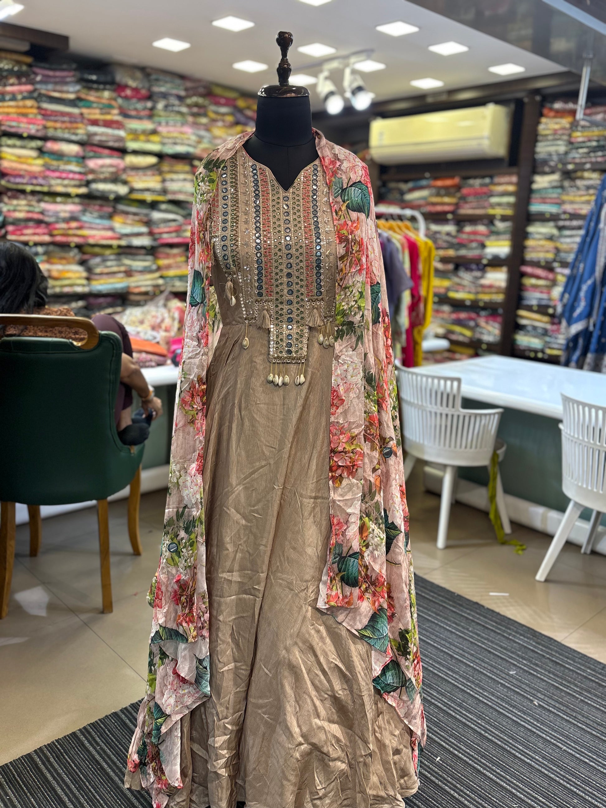 Beige Indo Western Gown With Long Jacket