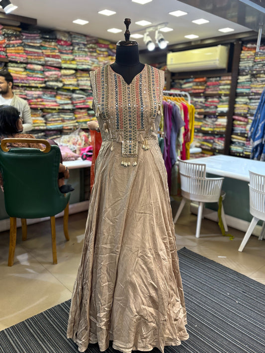 Beige Indo Western Gown With Printed Shrug