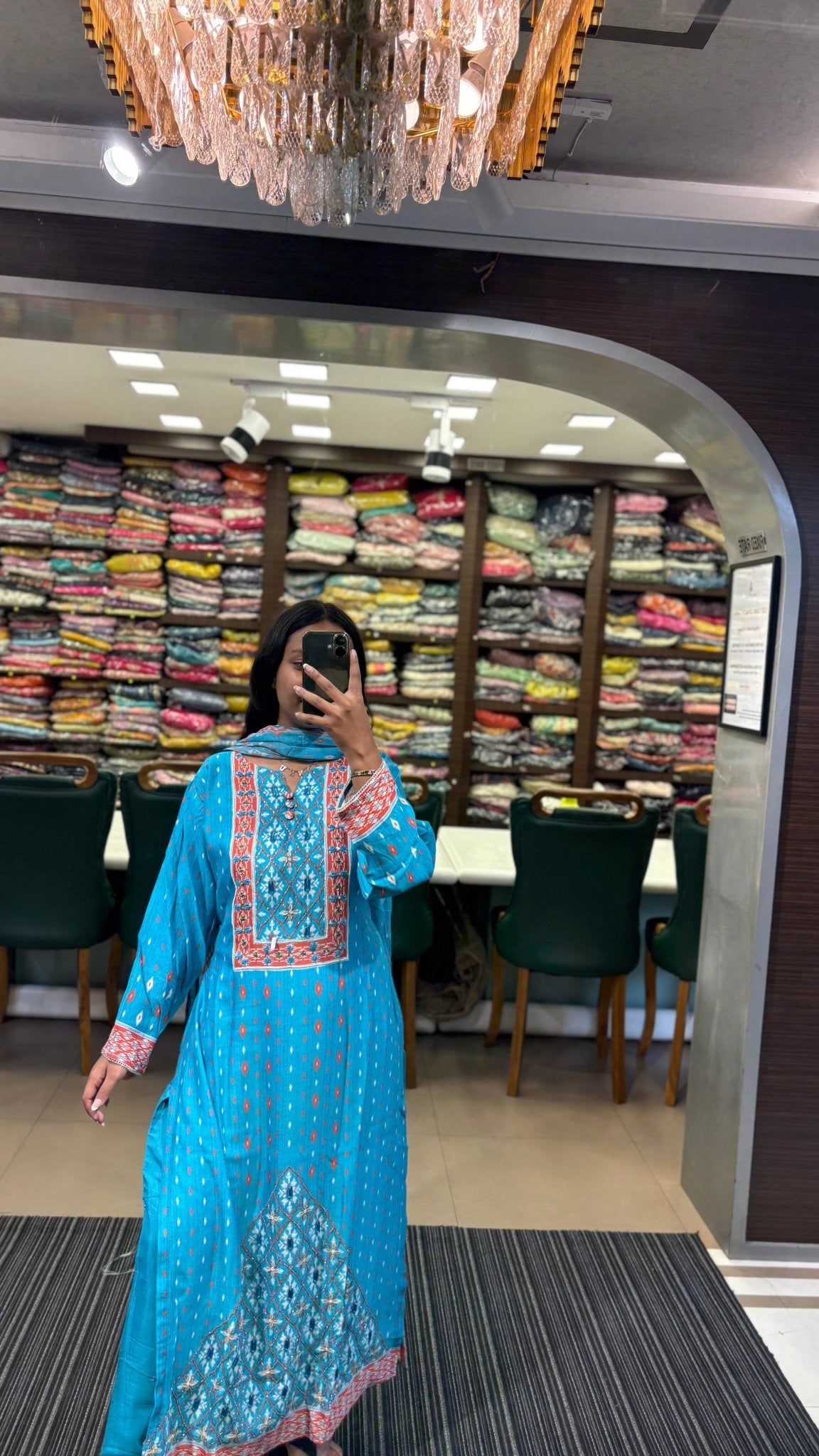 Bright blue muslin suit set with beadwork
