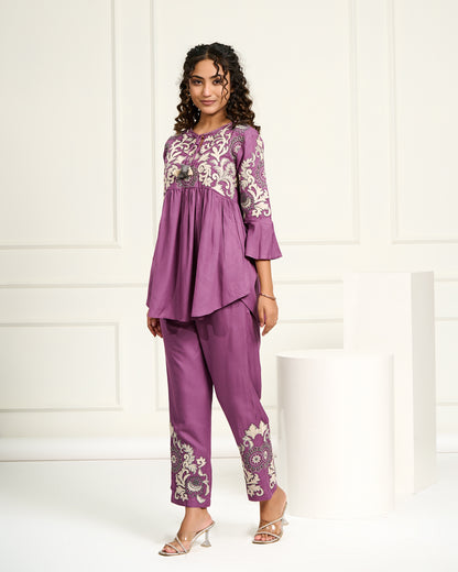Women's Purple Embroidered Co-ord Set | Flared Kurta with Straight Pants