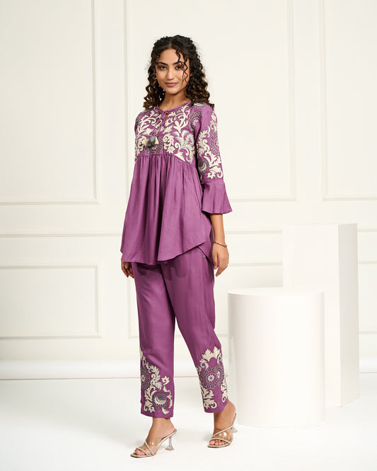Women's Purple Embroidered Co-ord Set | Flared Kurta with Straight Pants