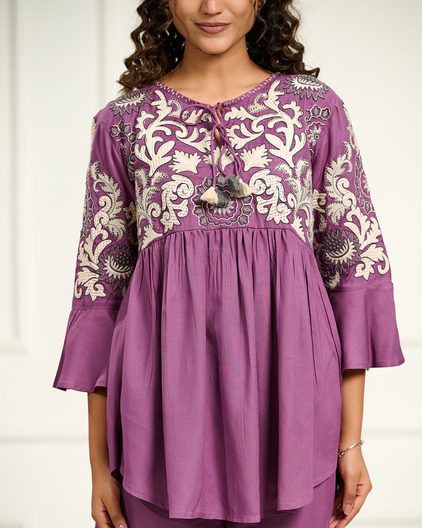 Women's Purple Embroidered Co-ord Set | Flared Kurta with Straight Pants