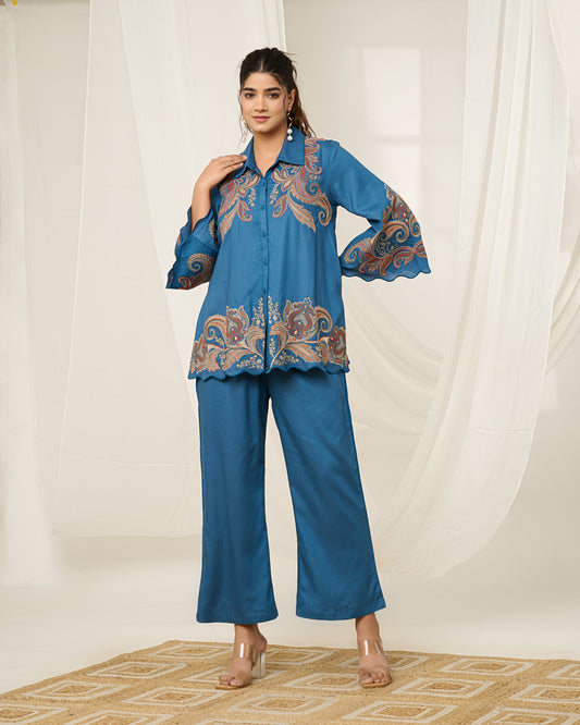 Women's Blue Printed Co-ord Set | Collared Shirt with Wide-Leg Pants