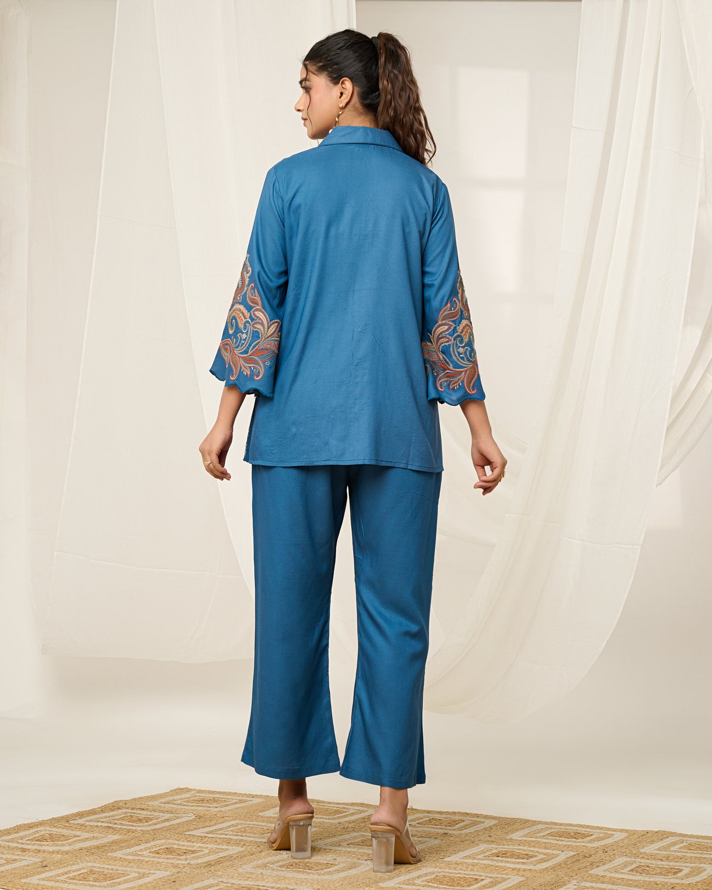 Women's Blue Printed Co-ord Set | Collared Shirt with Wide-Leg Pants