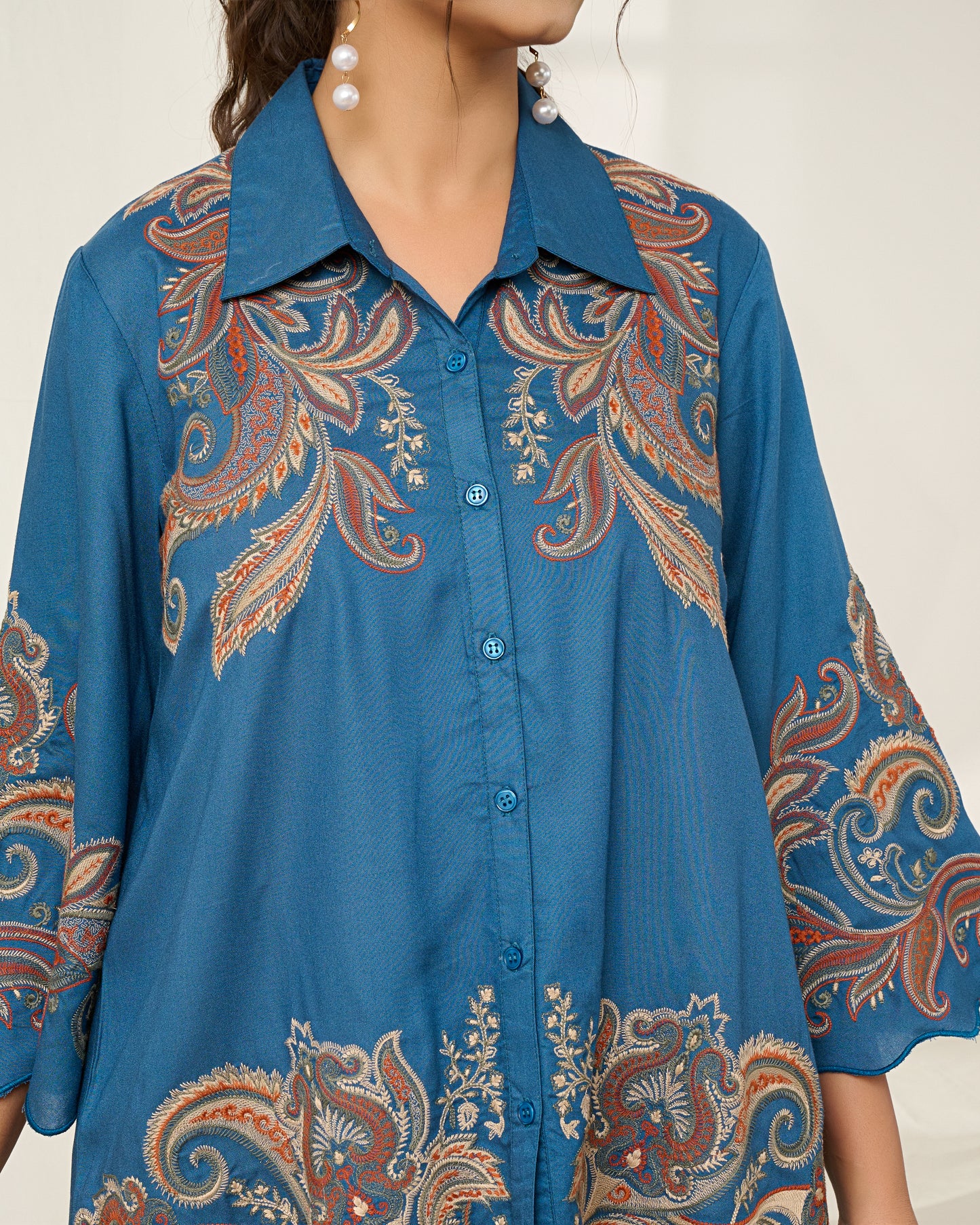 Women's Blue Printed Co-ord Set | Collared Shirt with Wide-Leg Pants