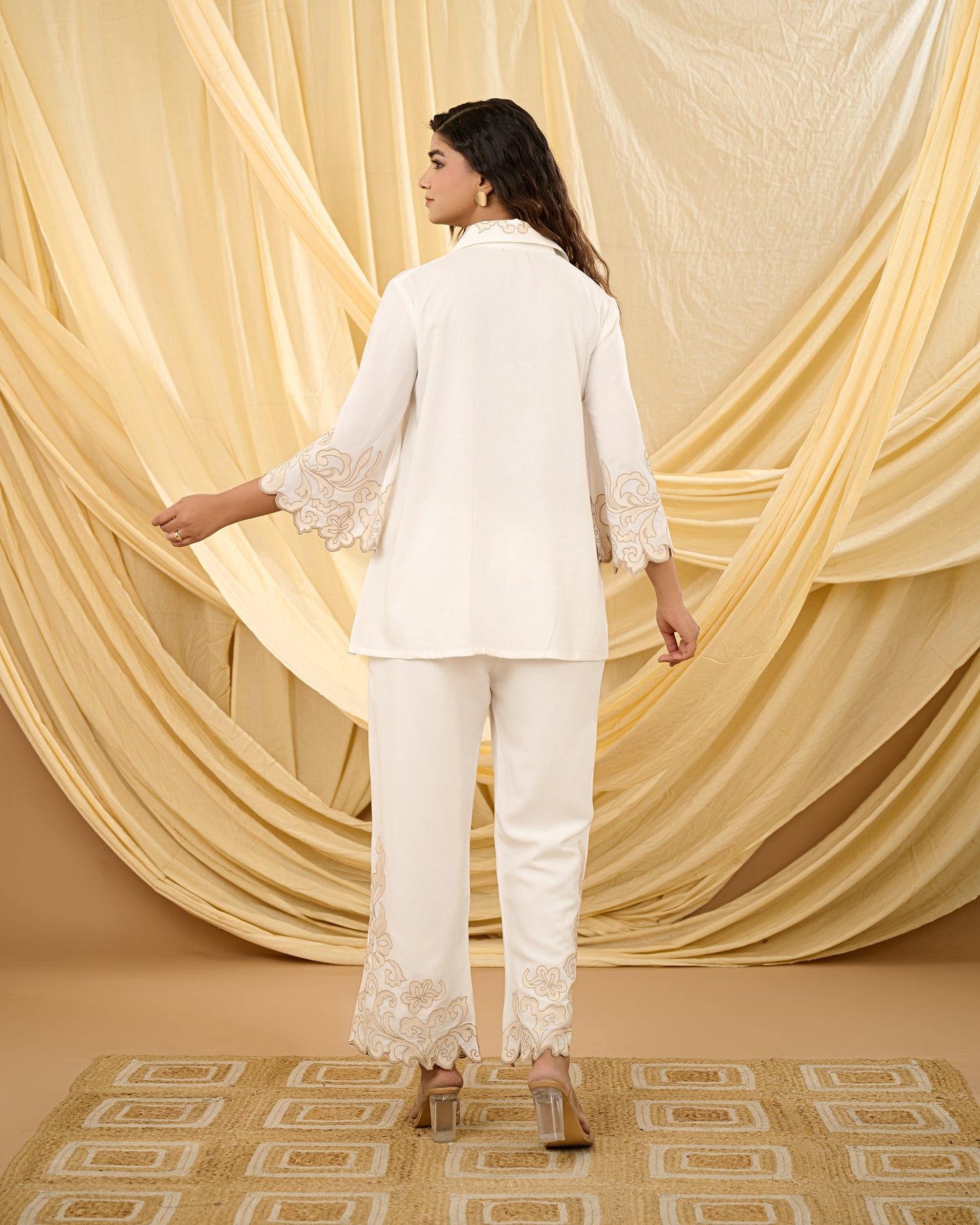 Elegant Embroidered Lounge Set with White Sash Detail