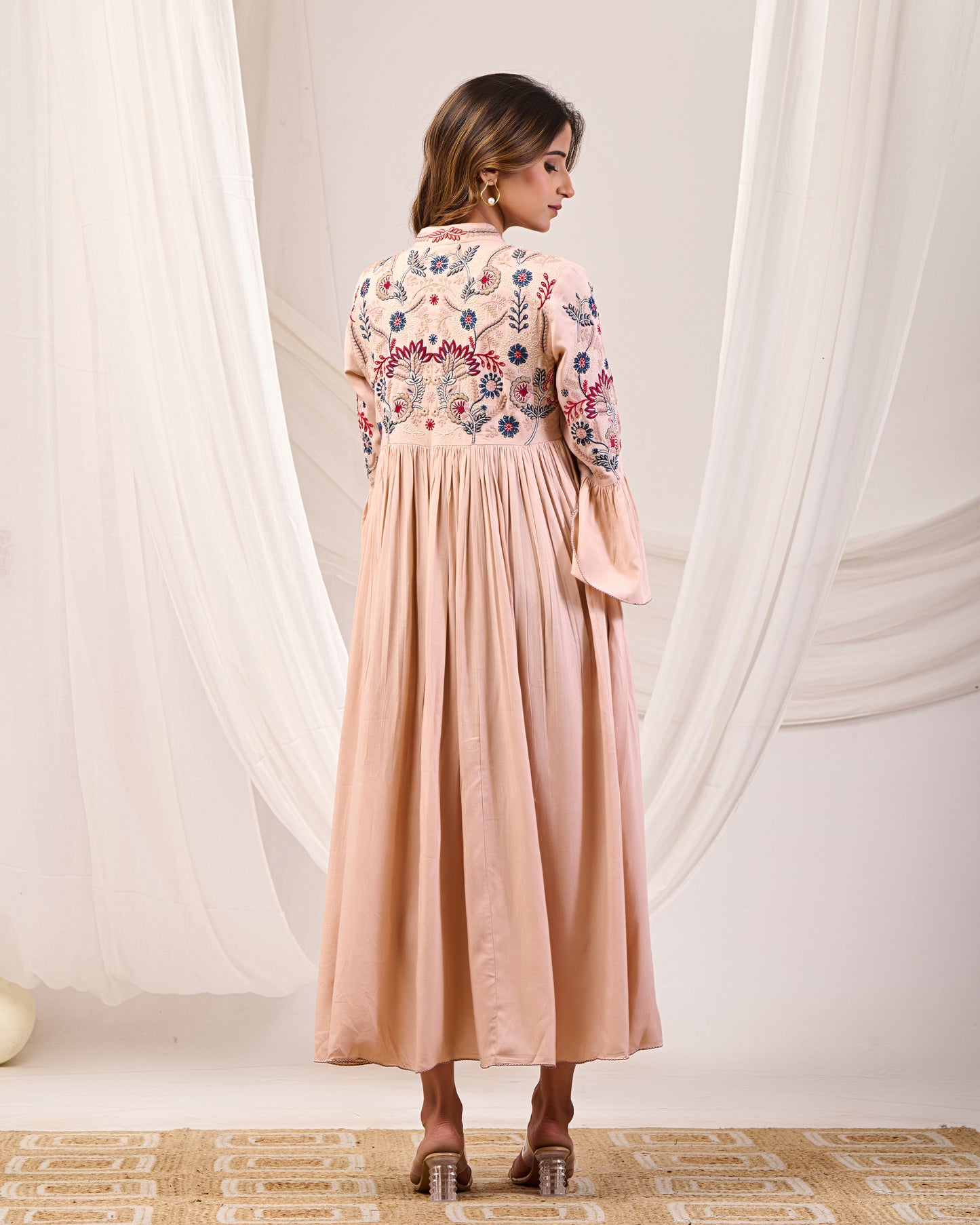 Women's Peach Embroidered Flared Dress | Long Kurta with Bell Sleeves
